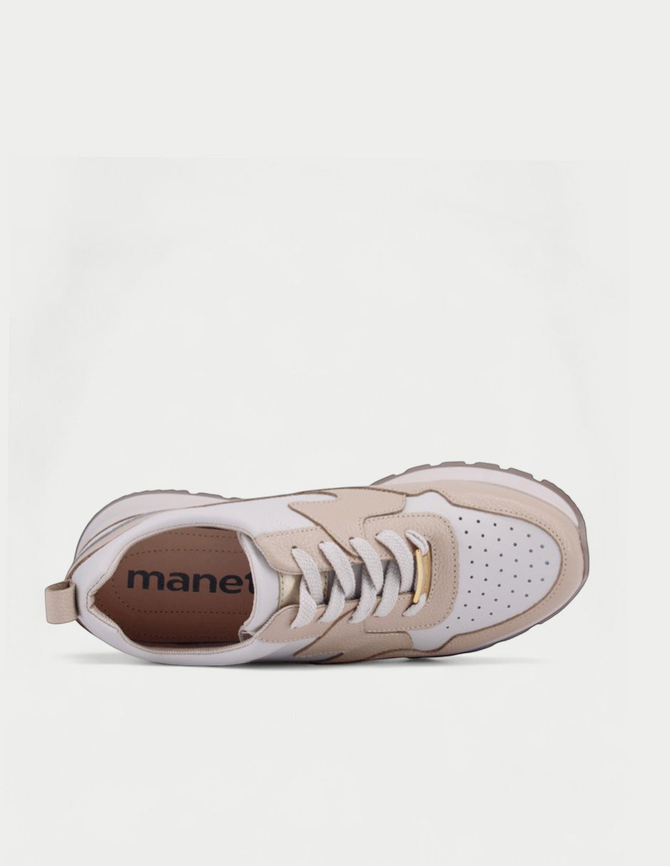 Manet Yumei 02 white and beige leather sneakers with white laces and gold accent.