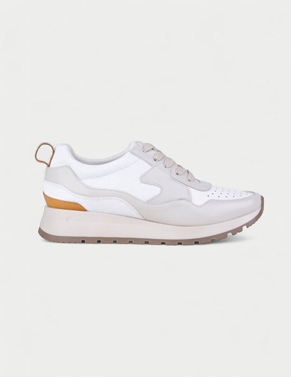 Manet Yumei 02 white and grey leather sneakers with textured white panels and tan accents.