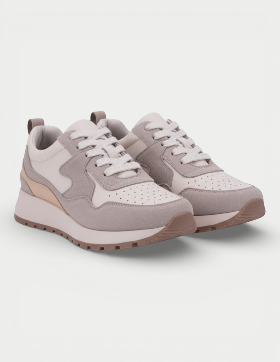 Manet Yumei 02 beige and grey leather sneakers with white laces and perforated toe box.