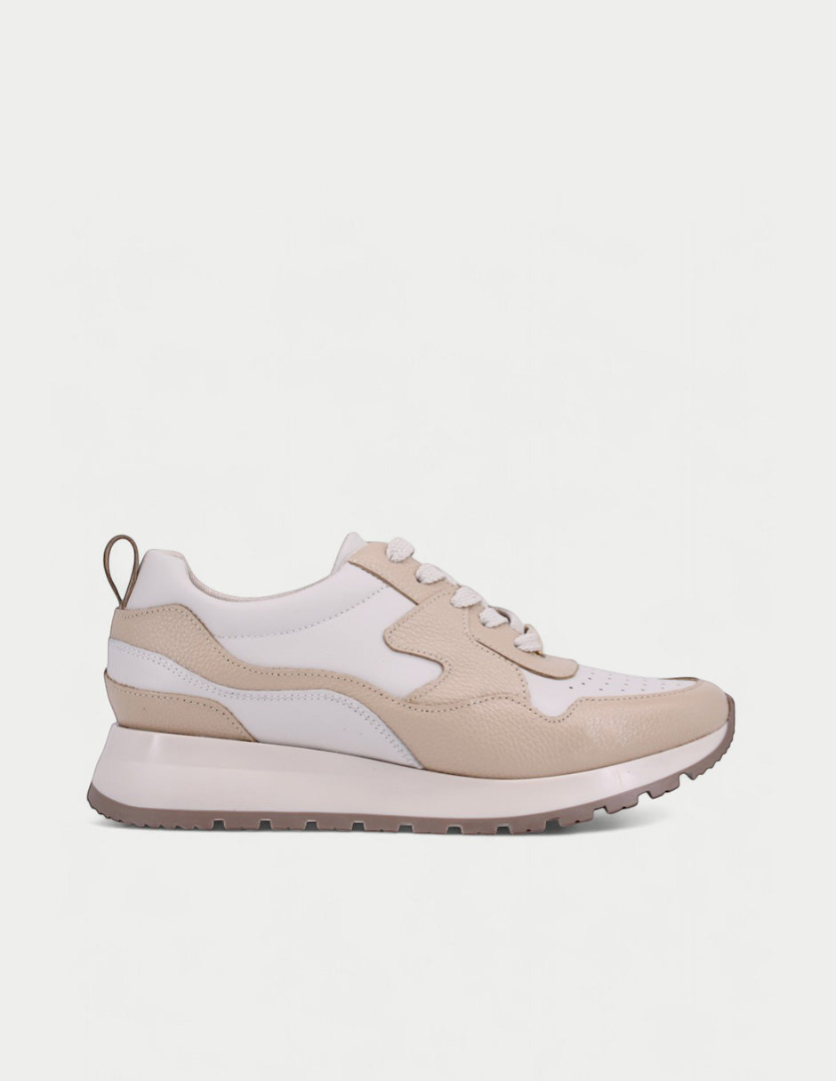 Manet Yumei 02 women's beige and white leather sneakers with a chunky sole and perforated details.