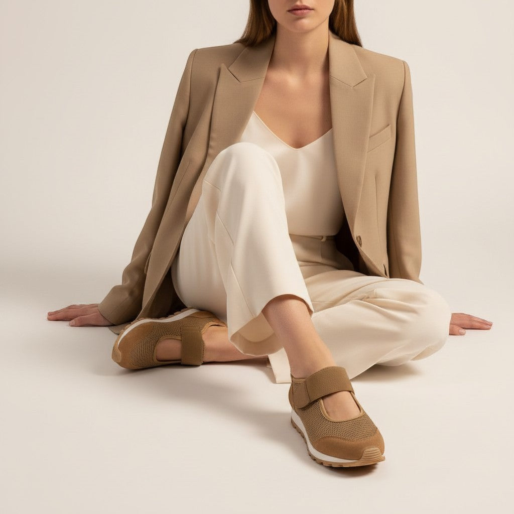 Zapatillas Manet Jade 08 color camel tipo Mary Jane con malla transpirable y suela deportiva en tono crema