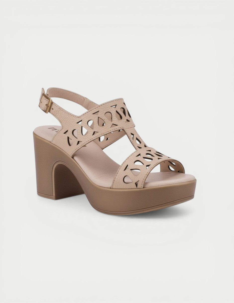 Manet beige leather platform sandals with cut-out details and high block heel. Adjustable ankle strap.