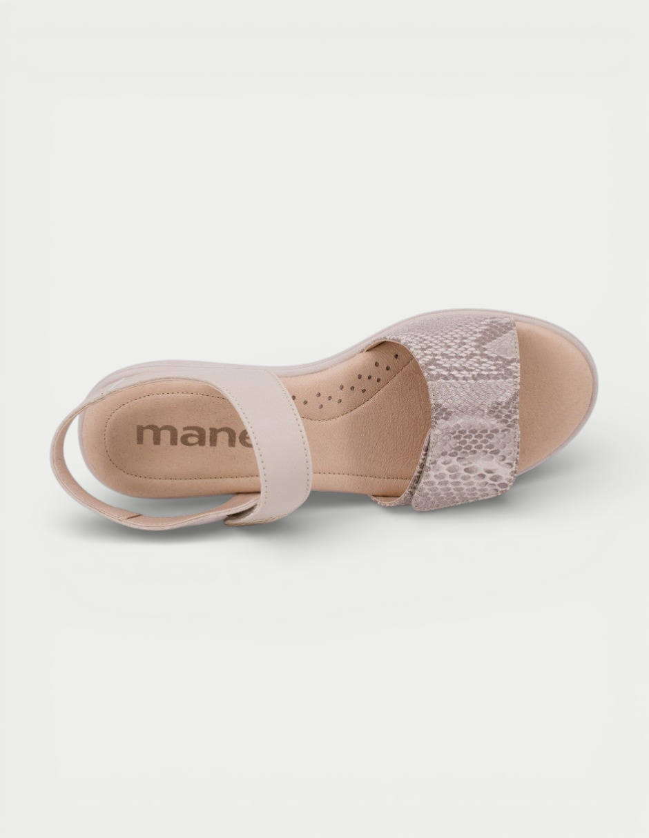 Manet Bella 01 women's beige snake print platform sandals with adjustable ankle strap and ergonomic footbed.