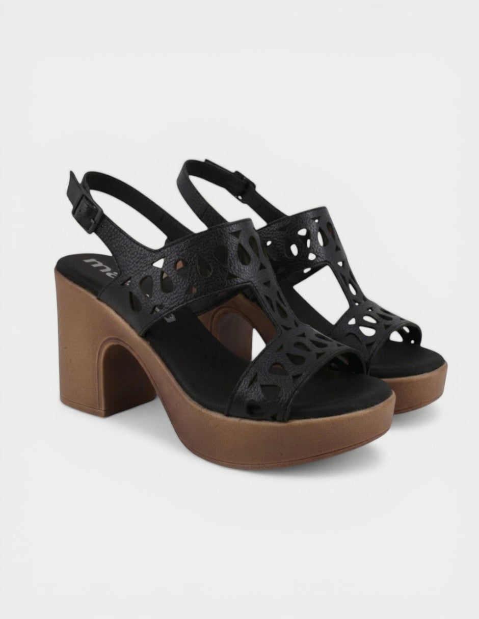 Manet black leather cut-out high heel platform sandals with adjustable ankle strap.