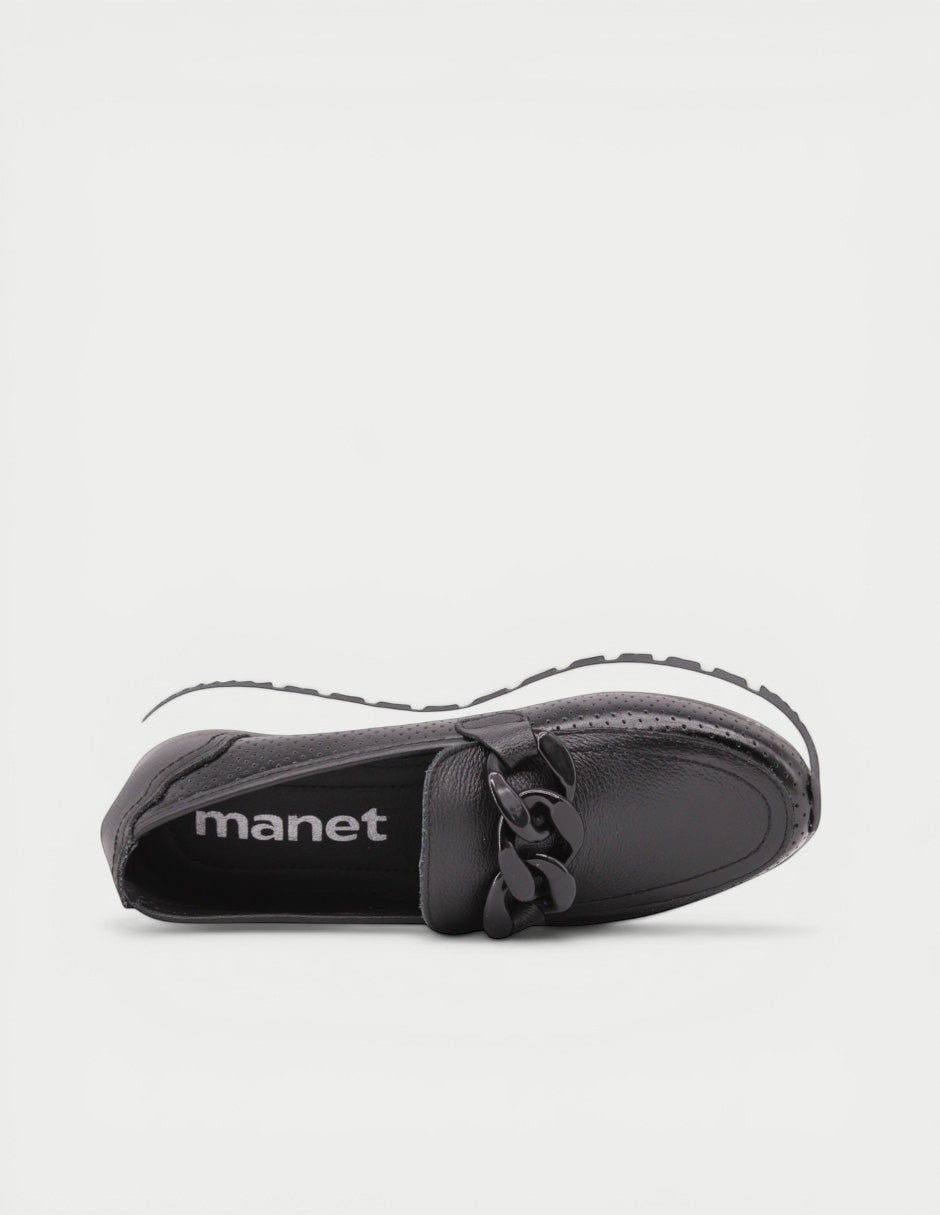Manet black leather loafer with elevated sole, perforated detail, and decorative chain accent. Comfortable and stylish for daily wear.