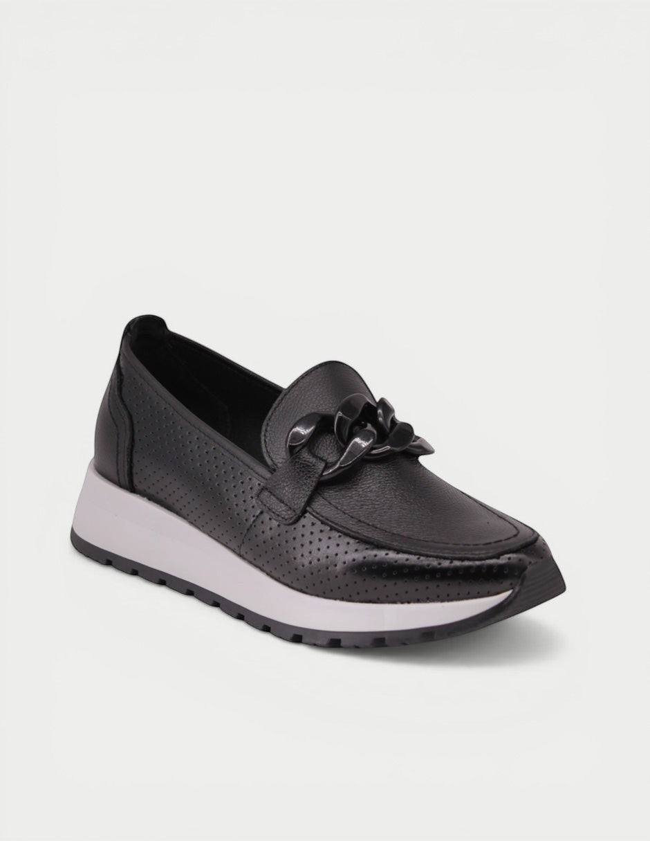 Manet black leather perforated loafer with elevated sole and decorative chain detail.