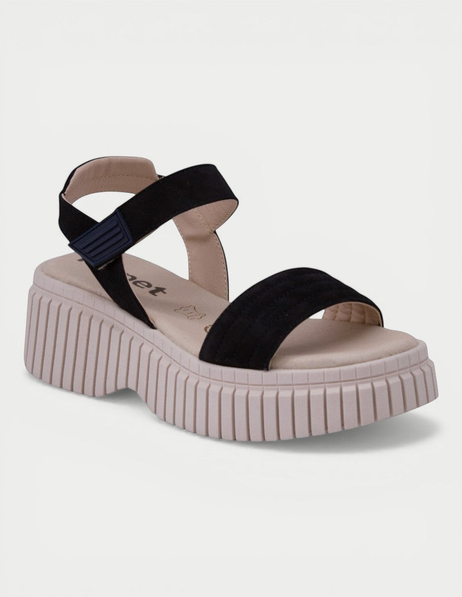 Manet black suede platform sandals with ankle strap and chunky sole. Modern, feminine design.
