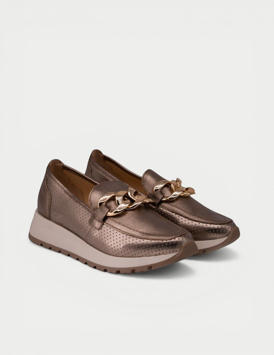 Manet bronze metallic perforated loafers with gold chain detail and elevated sole. Comfortable and stylish for daily wear.