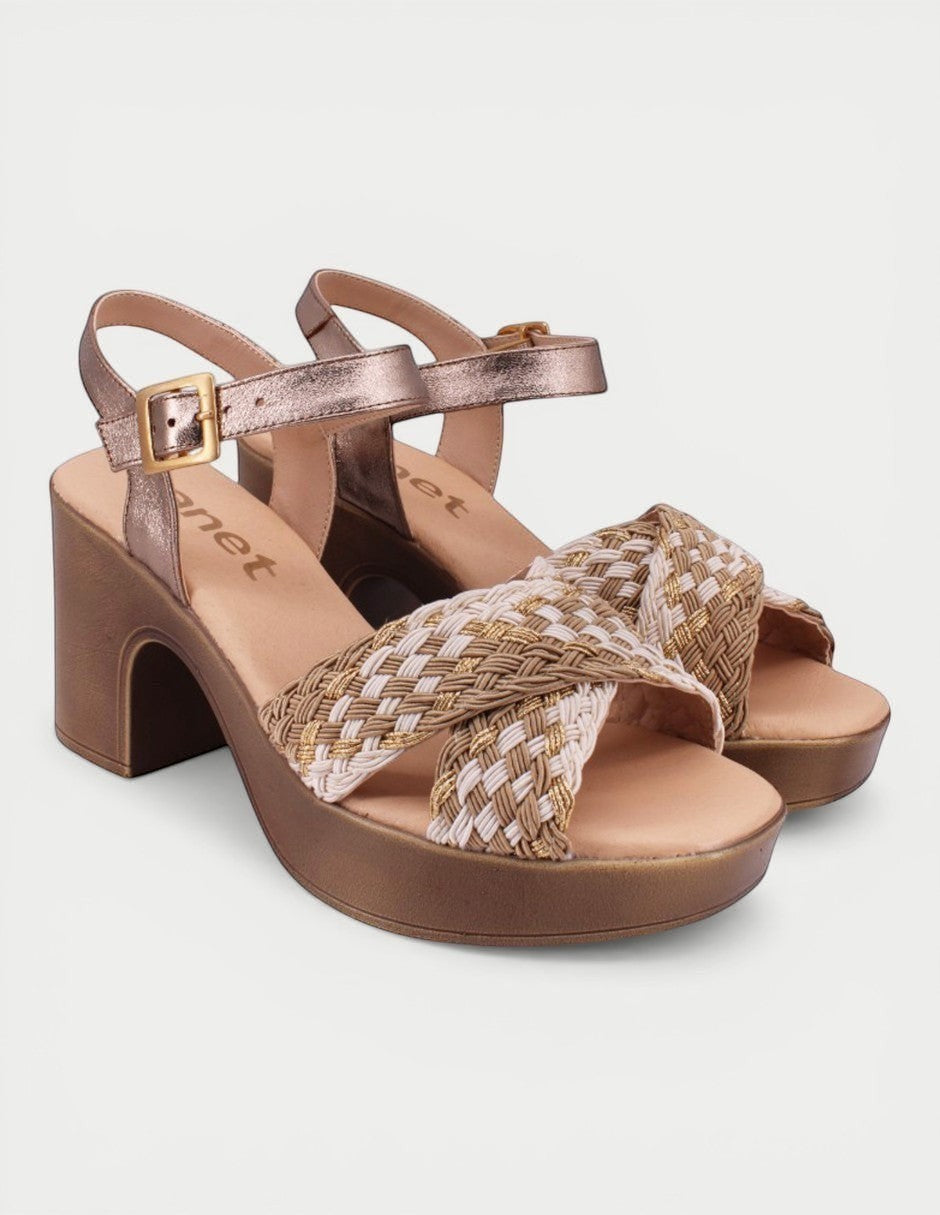 Manet bronze metallic platform sandals with woven straps and adjustable ankle buckle. Comfortable high heel.