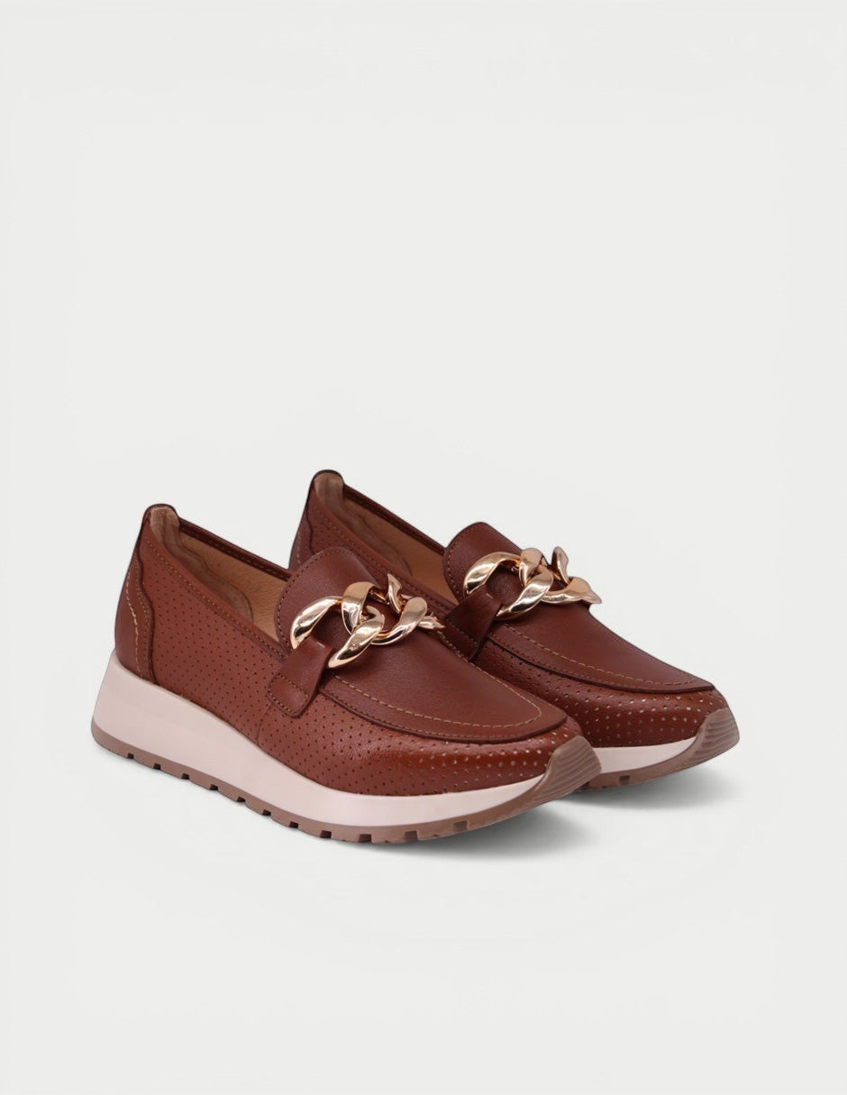 Manet brown leather loafers with gold chain detail and elevated sole. Perforated design for comfort.