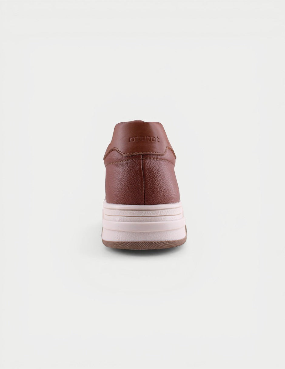 Manet brown leather men's sneakers with a thick white and brown sole. Features embossed logo on heel.
