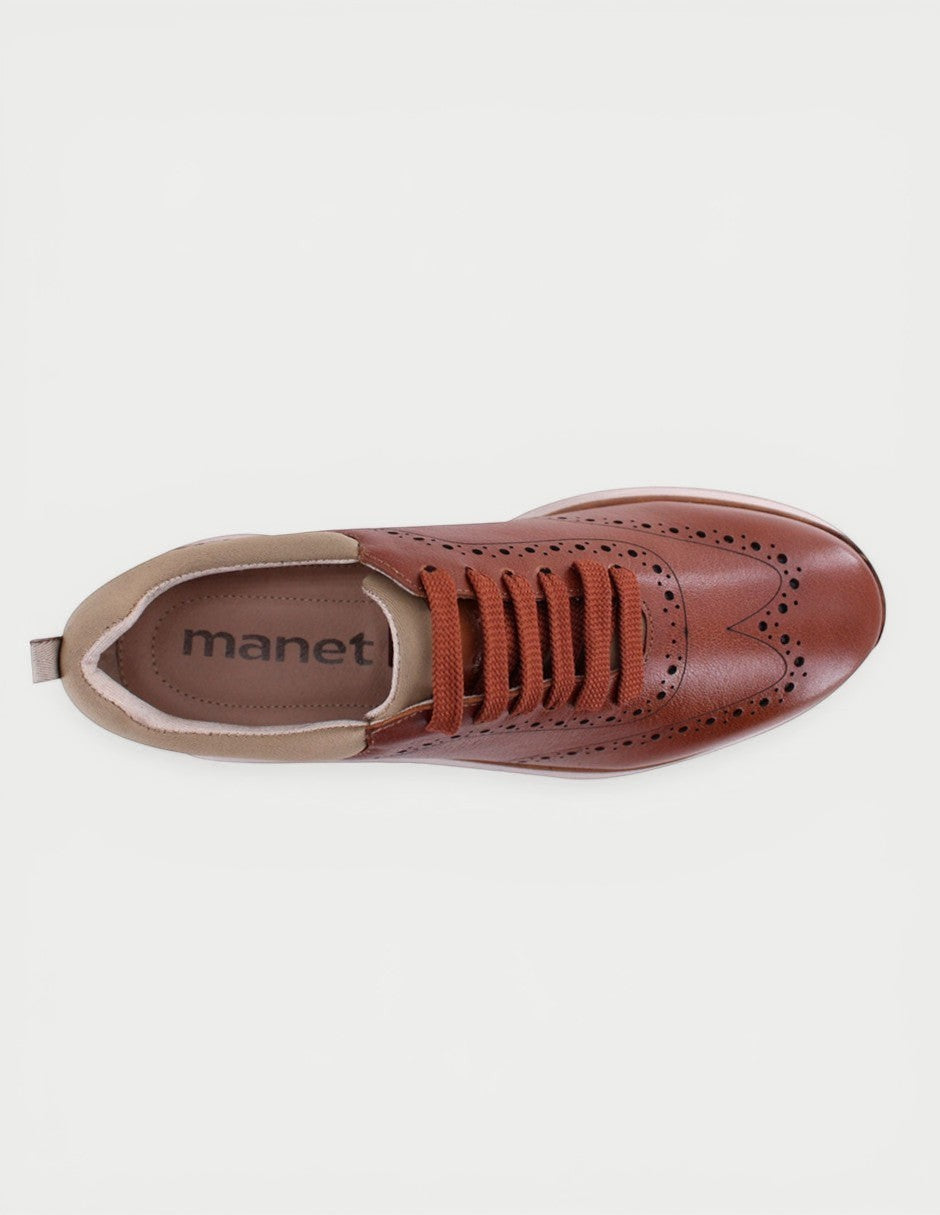 Manet Midas 02 men's brown leather wingtip sneakers with orange laces and brogue detailing.