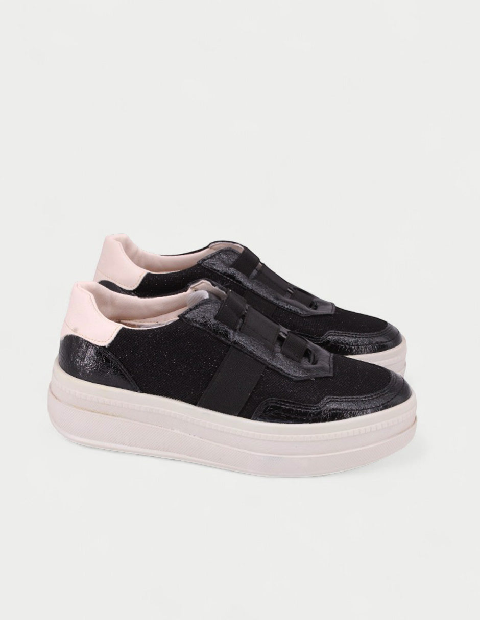 Manet Ema 01 black glitter sneakers with pink accents and stone details on a low platform.