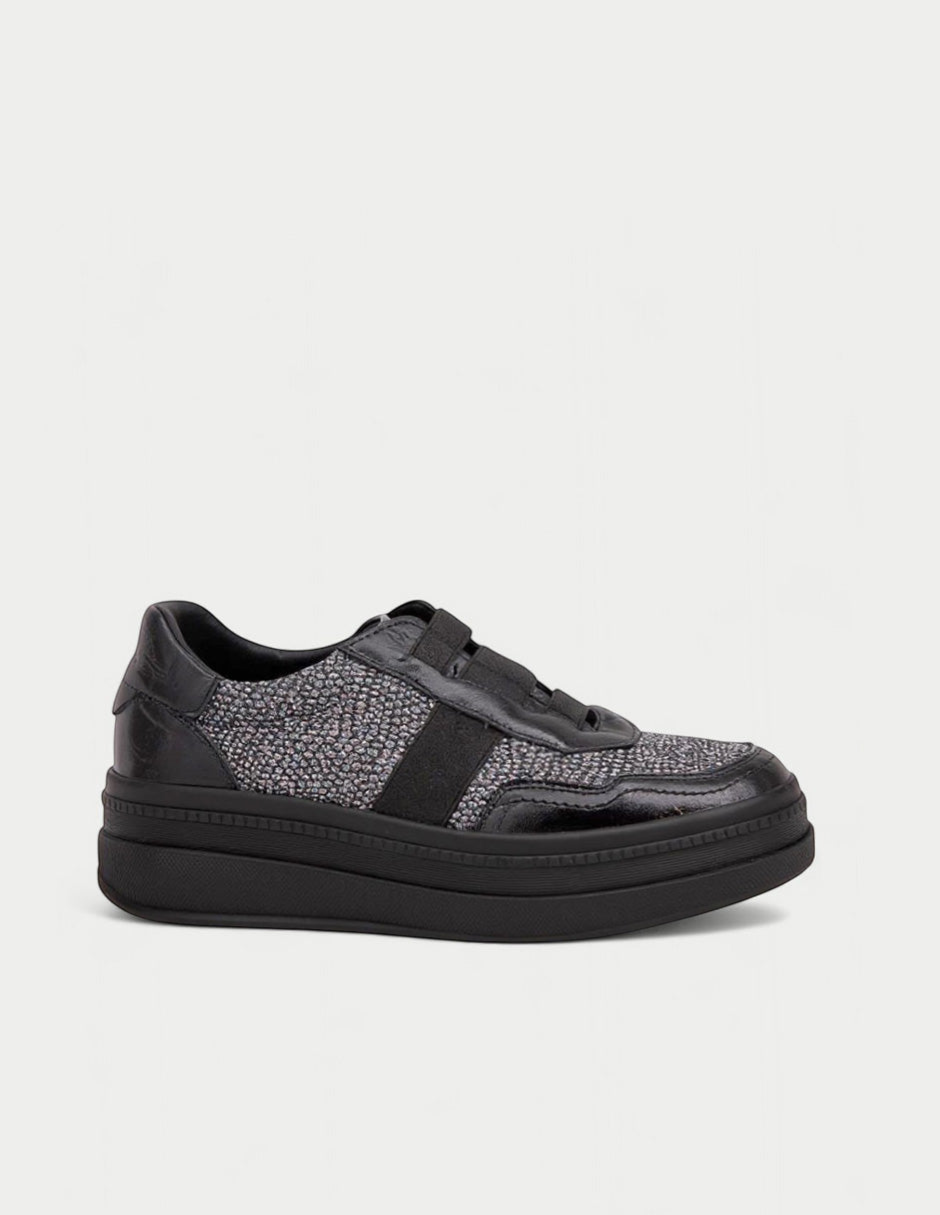 Manet Ema 01 black leather sneakers with glitter textile panels and a low platform sole.