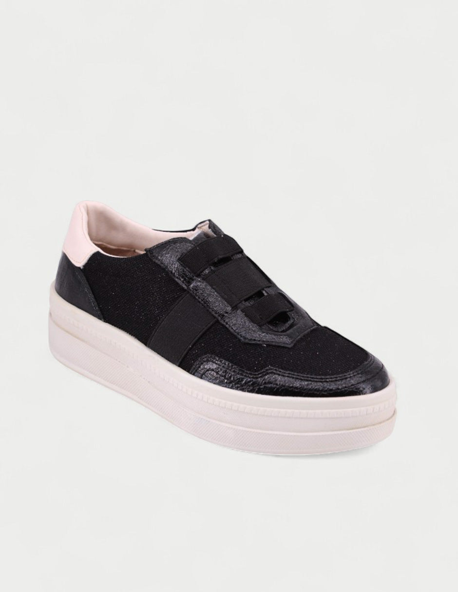 Manet Ema 01 black sneakers with glitter detail and platform sole. Features elastic straps and a light pink heel accent.