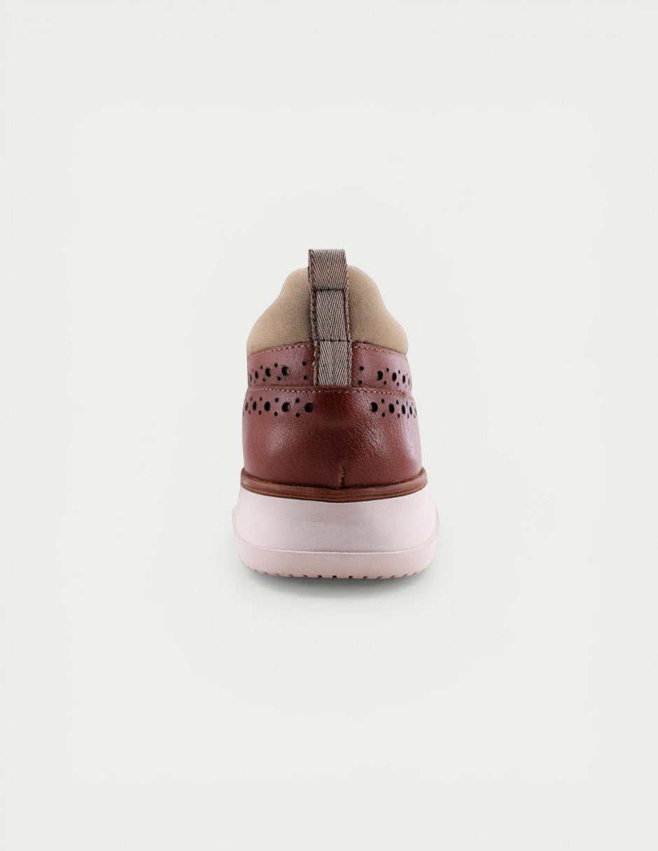 Manet Midas 02 men's brown leather wingtip sneakers with beige suede heel accent and perforated details.