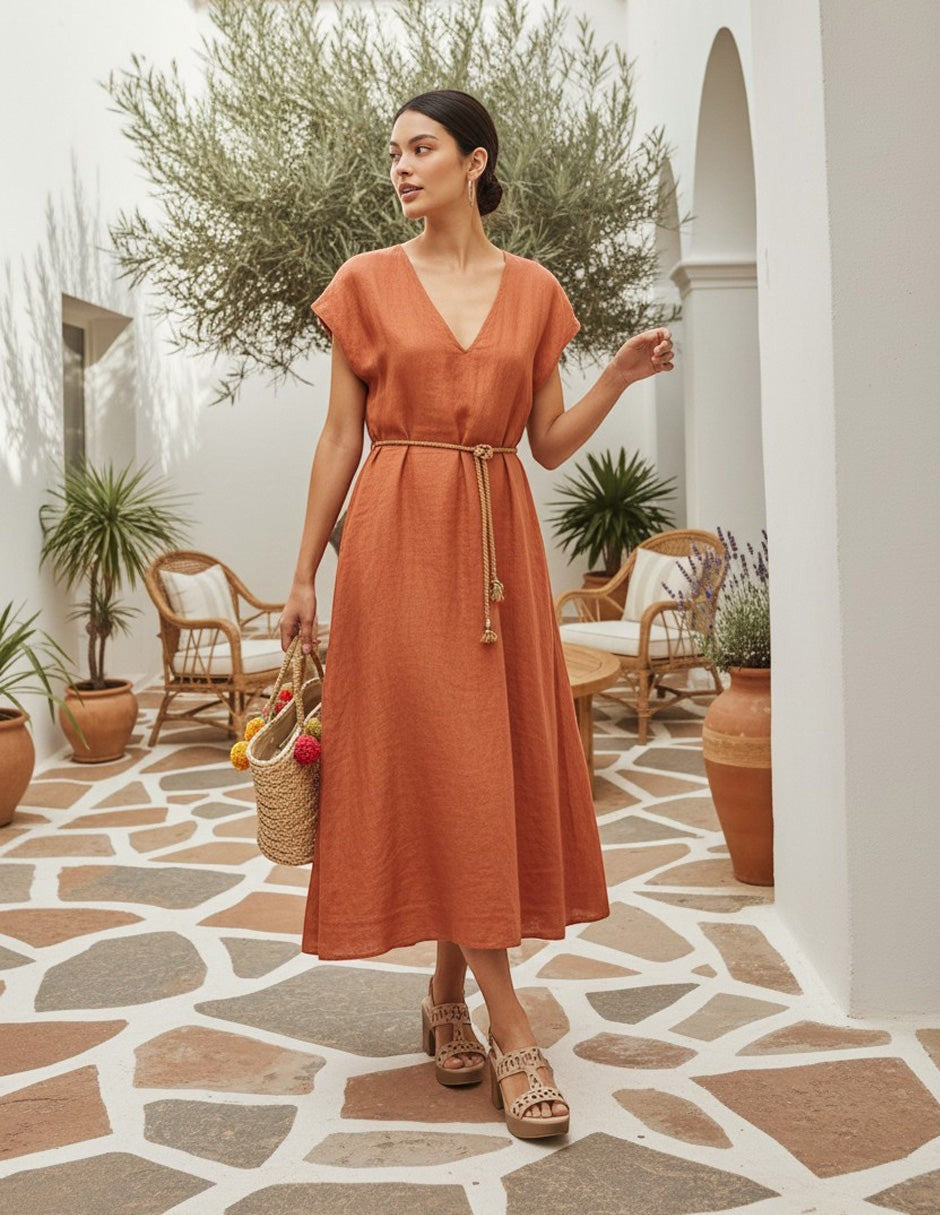 Manet orange linen midi dress with V-neck, short sleeves, and rope belt. Perfect for summer.