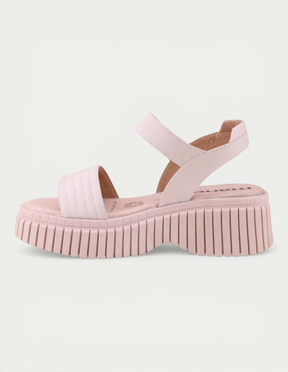 Manet pink leather chunky platform sandals with ankle strap and ribbed sole.