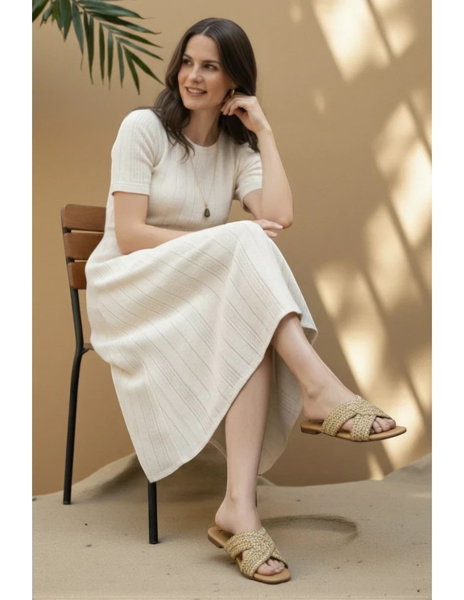 Manet Romy 01 beige woven strap flat sandals for women. Comfortable and stylish everyday footwear.
