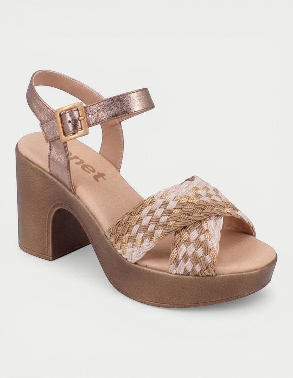 Manet bronze leather platform sandals with woven straps and adjustable ankle buckle.