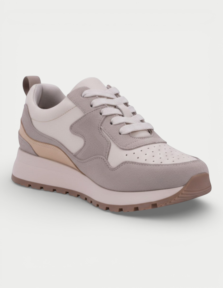 Manet Yumei 02 beige and grey leather sneakers with white laces and a thick sole. Perforated toe box.