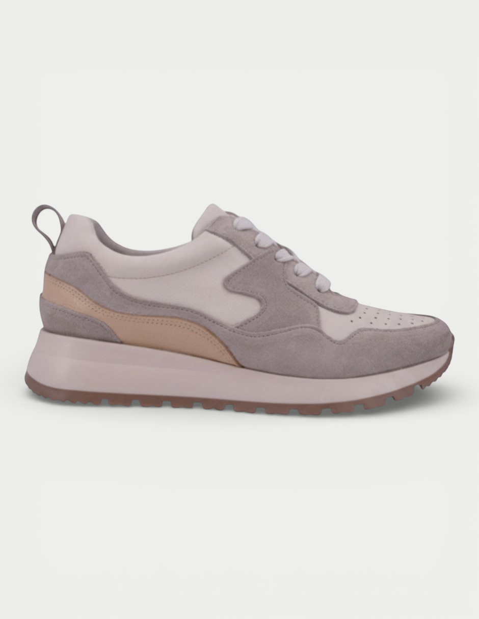 Manet Yumei 02 grey and beige suede and leather sneakers with white laces and a thick sole.