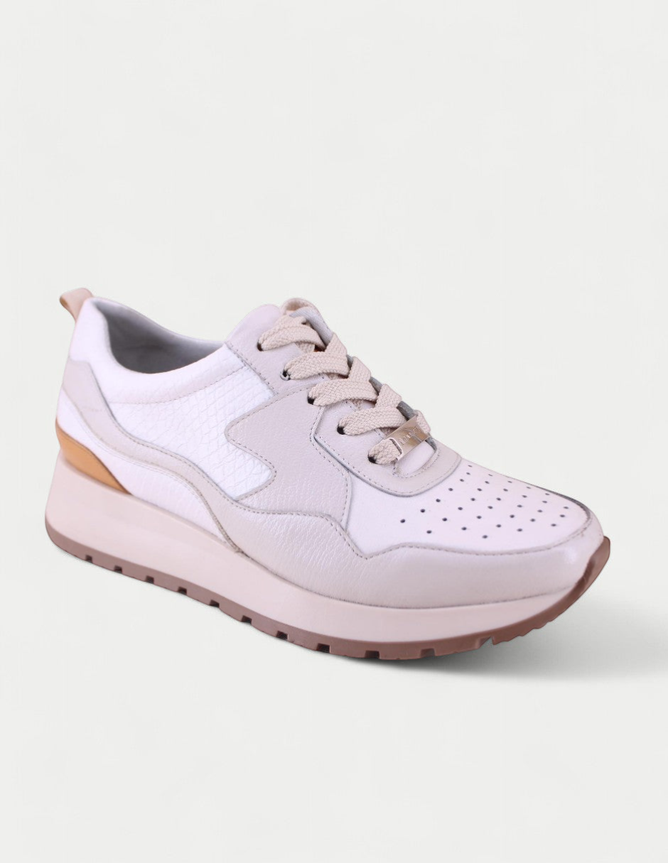 Manet Yumei 02 white and beige leather sneakers with textured panels and perforated toe box.