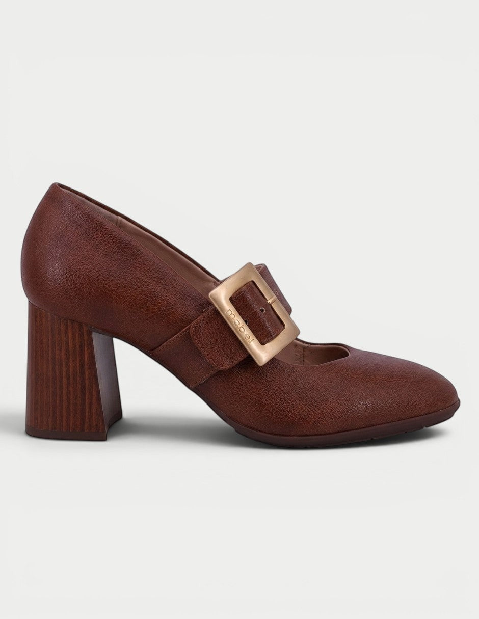Zapato Mary Jane marrón de Manet con hebilla dorada y tacón de bloque de madera. Diseño elegante para mujer.